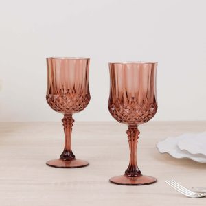 6-Pack Transparent Plastic Crystal Cut Wine Glasses 8oz, Dusty Rose - Shatterproof Cocktail Goblets