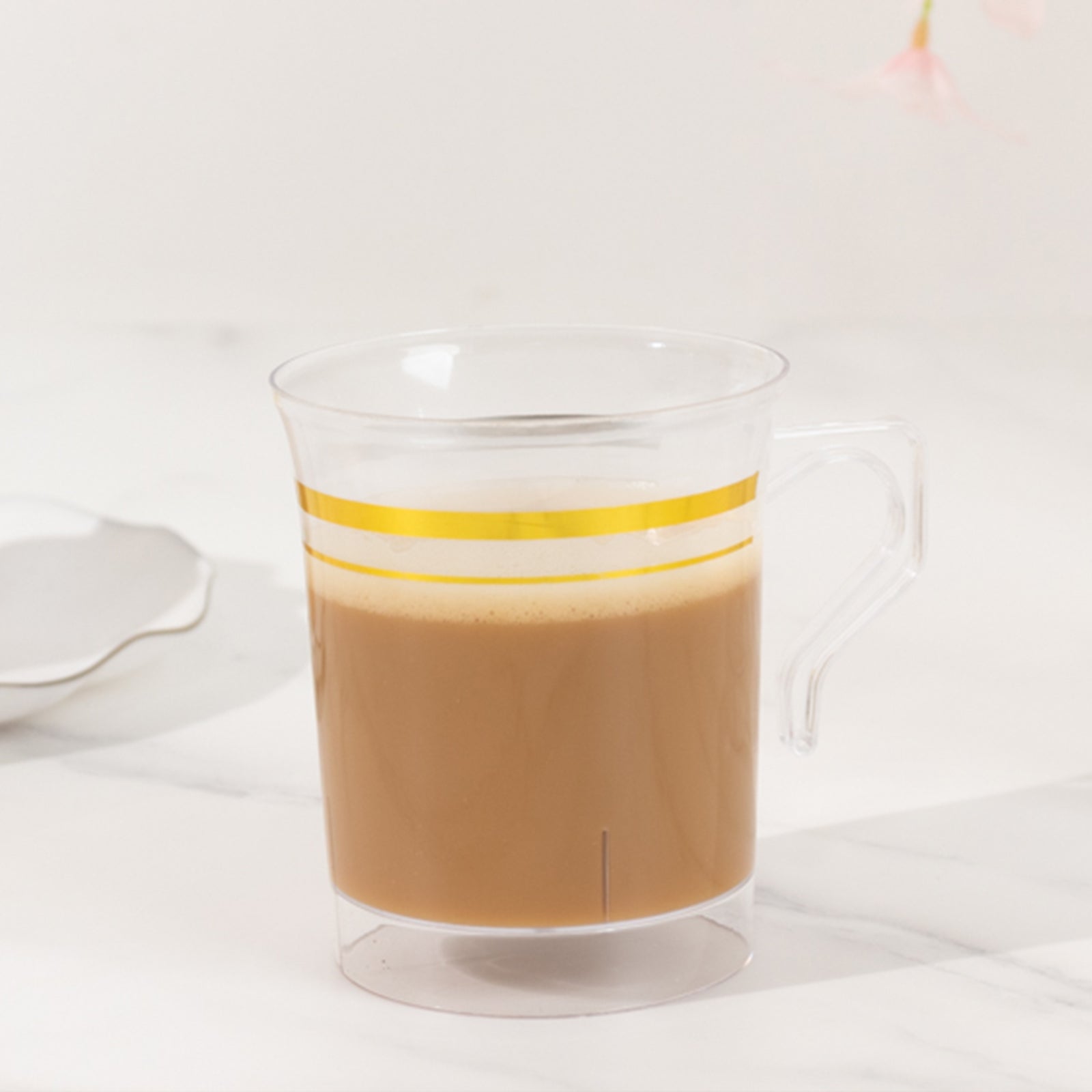 8-Pack Plastic Coffee Mugs 8oz Clear with Gold Stripes - Disposable Tea Cups with Handle 3.5"